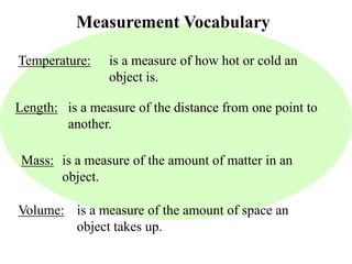 Measurement Vocabulary 
Temperature: 
Length: 
Mass: 
Volume: 
is a measure of how hot or cold an 
object is. 
is a measure of the distance from one point to 
another. 
is a measure of the amount of matter in an 
object. 
is a measure of the amount of space an 
object takes up. 
 