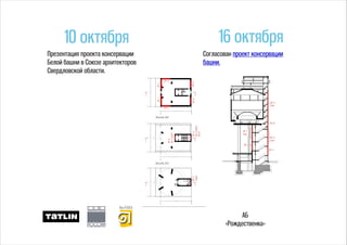 10 октября 16 октября
Презентация проекта консервации
Белой башни в Союзе архитекторов
Свердловской области.
Согласован проект консервации
башни.
АБ
«Рождественка»
 