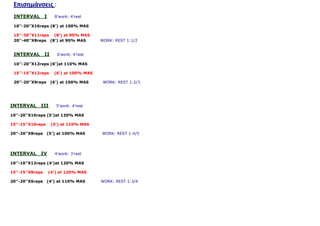 Επισημάνσεις :
INTERVAL I 8’work: 4’rest
10’’-20’’X16reps (8’) at 100% MAS
15’’-30’’X11reps (8’) at 90% MAS
20’’-40’’X8reps (8’) at 90% MAS WORK: REST 1:1/2
INTERVAL ΙI 6’work: 4’rest
10’’-20’’X12reps (6’)at 110% MAS
15’’-15’’X12reps (6’) at 100% MAS
20’’-20’’X9reps (6’) at 100% MAS WORK: REST 1:2/3
INTERVAL ΙV 4’work: 3’rest
10’’-10’’X12reps (4’)at 120% MAS
15’’-15’’X8reps (4’) at 120% MAS
20’’-20’’X6reps (4’) at 110% MAS WORK: REST 1:3/4
INTERVAL ΙII 5’work: 4’rest
10’’-20’’X10reps (5’)at 120% MAS
15’’-15’’X10reps (5’) at 110% MAS
20’’-20’’X8reps (5’) at 100% MAS WORK: REST 1:4/5
 
