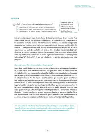 35
INFORME DE RESULTADOS PARA
EL DOCENTE - COMUNICACIÓN
Ejemplo 4
Esta pregunta requiere que el estudiante deduzca la enseñanza de un cuento. Para
hacerlo debe recoger las pistas proporcionadas a lo largo del texto. Una pista es el
fracaso de los animales cuando intentan sacar una manzana por sí solos. Recoger esta
pista exige que el niño resuma los hechos presentados en la situación problemática del
cuento. La otra pista también debe reconocerse mediante el mismo proceso, es decir,
resumiendo una parte del relato. En este caso, se debe sintetizar el desenlace: Lograron
alimentarse cuando trabajaron juntos. Con estas dos ideas en mente, el estudiante
debe llegar a la conclusión de que se puede lograr lo que se quiere si se trabaja juntos
(alternativa “b”). Solo el 51 % de los estudiantes respondió adecuadamente esta
pregunta.
¿Cómo proceden los niños que fallan esta pregunta?
Porunlado,podríadecirsequelosniñosquemarcanlaalternativa“a”respondenbasándose
en su saber previo, pues el texto no menciona ni sugiere nada acerca de ser estudioso. Por
otrolado,losniñosquemarcanlaalternativa“c”,probablemente,sequedaríanconlaideade
que el caballo y el ratón son amigos (primer párrafo) e interpretan todo el relato en función
de esta primera idea. Por ello, llegan a la conclusión de que el cuento quiere enseñarnos
que podemos ser buenos amigos si nos tratamos con cariño. Otro grupo de niños, que
también marca “c”, tiene una comprensión parcial del cuento, pues solo se centrarían en
la parte final. En esta parte, los niños lograrían identificar que los animales resuelven el
problema trabajando juntos y que, a partir de entonces, ya no volvieron a discutir para
saber quién era mejor. Esta última parte del texto podría llevar a pensar a los niños que
el caballo y el ratón eran buenos amigos, porque no discutían o porque se trataban bien.
Con esto en mente, los estudiantes concluirían que la enseñanza más importante es que
podemos ser buenos amigos si nos tratamos con cariño, tal como el caballo y el ratón.
¿Cuál es la enseñanza más importante de este cuento?
Que podemos salir adelante si siempre somos estudiosos.
Que podemos lograr lo que queremos si trabajamos juntos.
Que podemos ser buenos amigos si nos tratamos con cariño.
39.
a
b
c
Capacidad: Infiere el
significado del texto
Indicador: Deduce la
enseñanza de un cuento
Nivel: Satisfactorio
En conclusión, los estudiantes tendrían ciertas dificultades para comprender un cuento,
cuandoestetieneunaextensiónmedia(variospárrafos),presentapersonajesconcualidades
distintas, se insertan varios diálogos en el relato y ocurren varias acciones centrales.
 