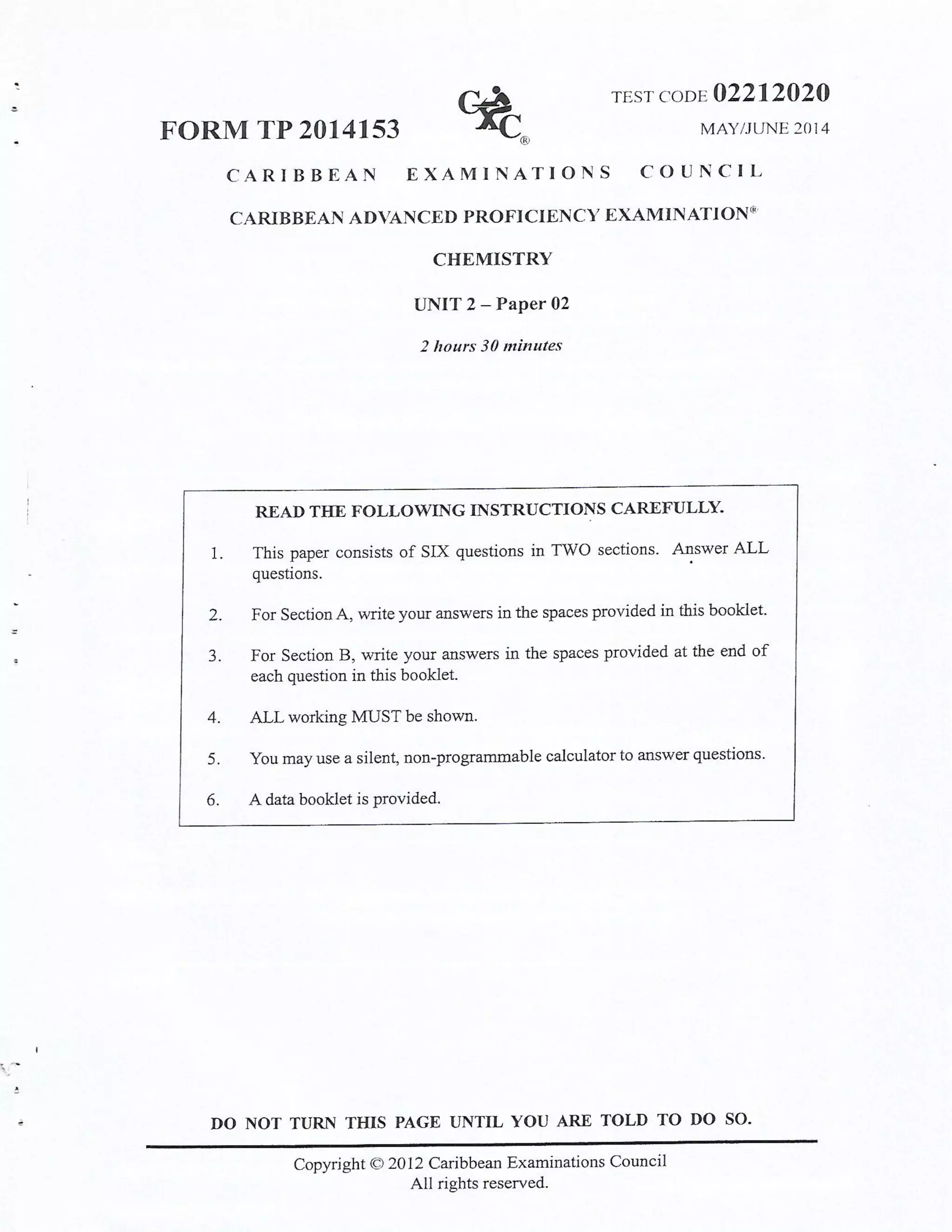 CAPE Chemistry Unit 2 Paper 2 2014 | PDF