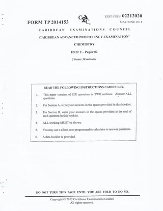 CAPE Chemistry Unit 2 Paper 2 2014
