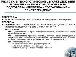 МЕСТО ПС В ТЕХНОЛОГИЧЕСКОЙ ЦЕПОЧКЕ ДЕЙСТВИЙ
В ОТНОШЕНИИ ПРОЕКТОВ ДОКУМЕНТОВ:
ПОДГОТОВКА - ПРОВЕРКА – СОГЛАСОВАНИЕ –
ПС – УТВЕРЖДЕНИЕ
ПОДГОТОВКА:
• акцентирование вопросов, подлежащих утверждению (обсуждению)
ПРОВЕРКА:
• обязательность – проистекает из ответственности публичной власти,
утверждающей документ (часть 2 статьи 59 ГрК РФ)
• кто, что и как:
– кто – уполномоченный орган градорегулирования, ответственный перед
публичной властью
– что – соответствие правовым фактам, включая ранее утвержденные
документы (1), техническим регламентам безопасности (2), а также
позиции целесообразности, рациональности и обоснованности (3)
– как – способы проверки:
• сам уполномоченный орган градорегулирования
• независимые эксперты – при необходимости
• сочетание вышеперечисленных способов проверки
 