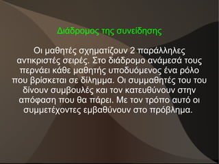 Διάδρομος της συνείδησης
Οι μαθητές σχηματίζουν 2 παράλληλες
αντικριστές σειρές. Στο διάδρομο ανάμεσά τους
περνάει κάθε μαθητής υποδυόμενος ένα ρόλο
που βρίσκεται σε δίλημμα. Οι συμμαθητές του του
δίνουν συμβουλές και τον κατευθύνουν στην
απόφαση που θα πάρει. Με τον τρόπο αυτό οι
συμμετέχοντες εμβαθύνουν στο πρόβλημα.
 