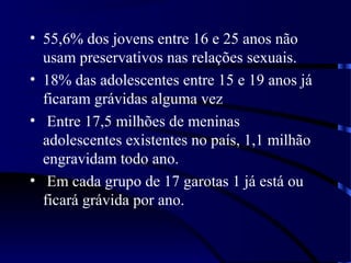 • 55,6% dos jovens entre 16 e 25 anos não
usam preservativos nas relações sexuais.
• 18% das adolescentes entre 15 e 19 anos já
ficaram grávidas alguma vez
• Entre 17,5 milhões de meninas
adolescentes existentes no país, 1,1 milhão
engravidam todo ano.
• Em cada grupo de 17 garotas 1 já está ou
ficará grávida por ano.
 