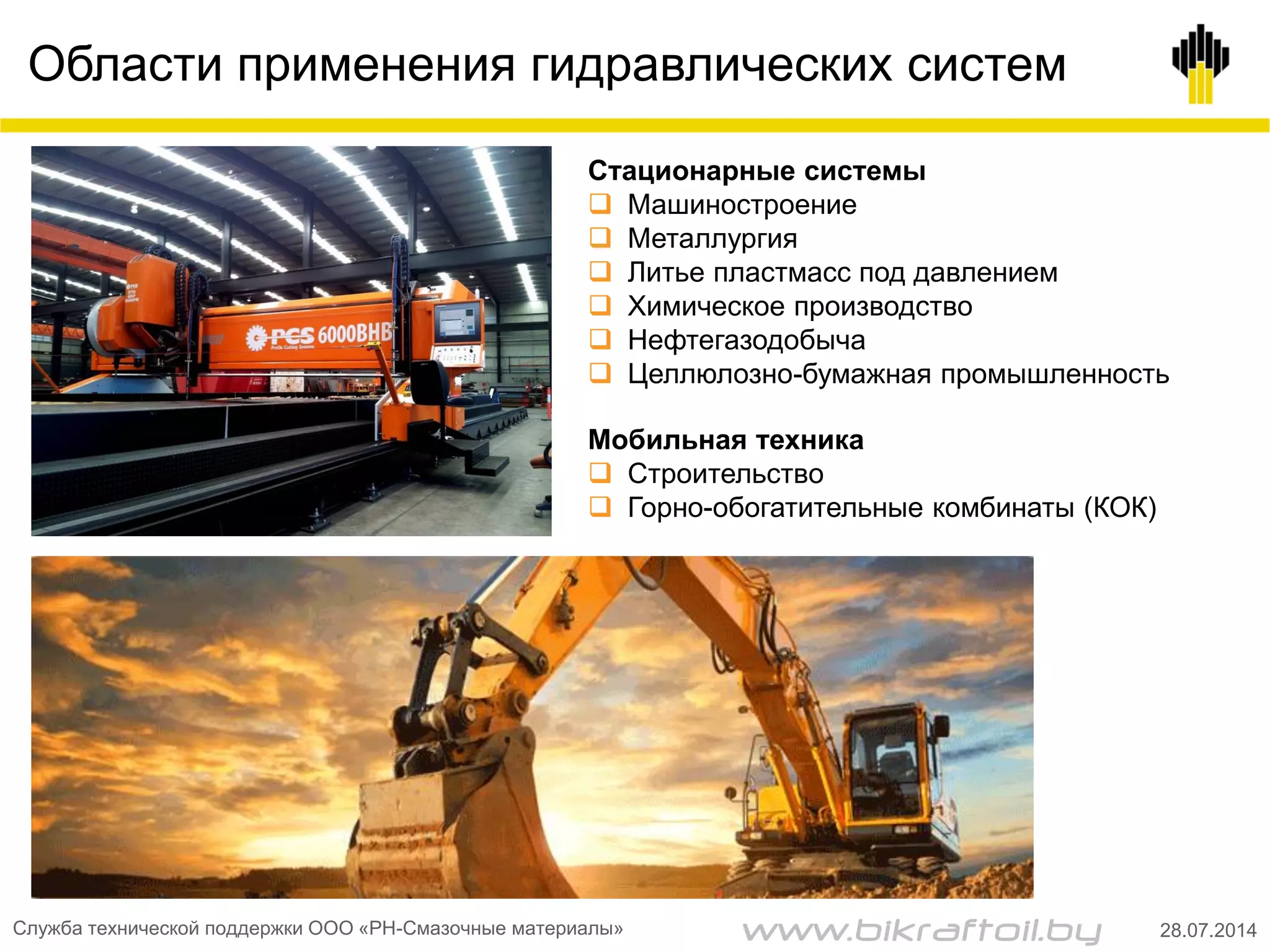 Области применения гидравлических систем
Стационарные системы
 Машиностроение
 Металлургия
 Литье пластмасс под давлением
 Химическое производство
 Нефтегазодобыча
 Целлюлозно-бумажная промышленность
Мобильная техника
 Строительство
 Горно-обогатительные комбинаты (КОК)
Служба технической поддержки ООО «РН-Смазочные материалы» 28.07.2014www.bikraftoil.by
 