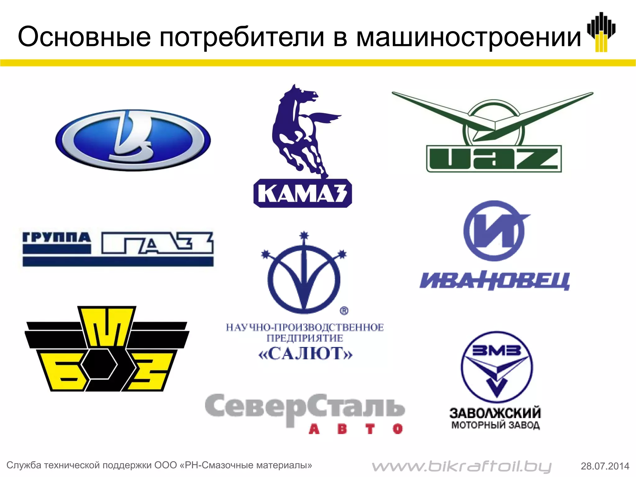 Основные потребители в машиностроении
Служба технической поддержки ООО «РН-Смазочные материалы» 28.07.2014www.bikraftoil.by
 
