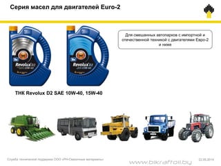 Серия масел для двигателей Euro-2
ТНК Revolux D2 SAE 10W-40, 15W-40
Для смешанных автопарков с импортной и
отечественной техникой с двигателями Евро-2
и ниже
Служба технической поддержки ООО «РН-Смазочные материалы» 22.05.2014
www.bikraftoil.by
 