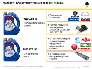 ТНК ATF III
Полусинтетическое
масло
ТНК ATF IID
Минеральное
масло
1.Трансмиссии
ZF и Allison
2. ГУР где требуются
масла уровня
Dexron III, Dexron IID,
MB 236.7, ZF
3. В ГМТ Voith, которые
установлены на
городские и
междугородние
автобусы
4. В гидросцепках
импортной грузовой
техники
Жидкости для автоматических коробок передач
Служба технической поддержки ООО «РН-Смазочные материалы» 22.05.2014
www.bikraftoil.by
 