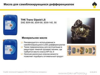 Масла для самоблокирующихся дифференциалов
ТНК Trans Gipoid LS
SAE 80W-90, 85W-90, 85W-140, 90
Минеральное масло
 Рекомендуется к использованию в
самоблокирующихся (LSD) дифференциалах
 Также предназначены для эксплуатации в
редукторах тяжелой грузовой техники, где
требуется масло класса API GL-5
 Наличие различных классов вязкости
позволяет подобрать оптимальный продукт
Служба технической поддержки ООО «РН-Смазочные материалы» 22.05.2014
www.bikraftoil.by
 