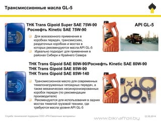  Трансмиссионное масло для современных
тяжелонагруженных гипоидных передач, а
также механических несинхронизированных
коробок передач (по рекомендации
производителя)
 Рекомендуются для использования в задних
мостах тяжелой грузовой техники, где
требуются масла уровня API GL-5
ТНК Trans Gipoid SAE 80W-90/Роснефть Kinetic SAE 80W-90
ТНК Trans Gipoid SAE 85W-90
ТНК Trans Gipoid SAE 85W-140
ТНК Trans Gipoid Super SAE 75W-90
Роснефть Kinetic SAE 75W-90
 Для всесезонного применения в
коробках передач, трансмиссиях,
раздаточных коробках и мостах в
которых рекомендуются масла API GL-5
 Идеально подходит для применения в
районах Сибири и Крайнего Севера
API GL-5
Трансмиссионные масла GL-5
Служба технической поддержки ООО «РН-Смазочные материалы» 22.05.2014
www.bikraftoil.by
 