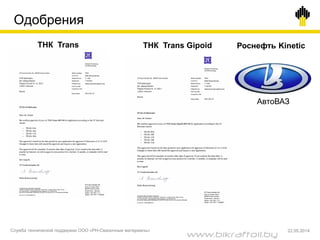 Одобрения
ТНК Trans ТНК Trans Gipoid Роснефть Kinetic
АвтоВАЗ
Служба технической поддержки ООО «РН-Смазочные материалы» 22.05.2014
www.bikraftoil.by
 