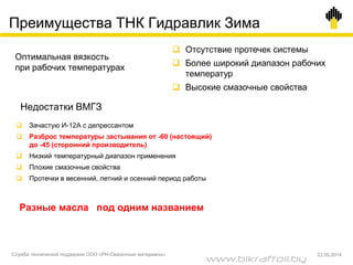 Преимущества ТНК Гидравлик Зима
Оптимальная вязкость
при рабочих температурах
 Отсутствие протечек системы
 Более широкий диапазон рабочих
температур
 Высокие смазочные свойства
Недостатки ВМГЗ
Разные масла под одним названием
 Зачастую И-12А с депрессантом
 Разброс температуры застывания от -60 (настоящий)
до -45 (сторонний производитель)
 Низкий температурный диапазон применения
 Плохие смазочные свойства
 Протечки в весенний, летний и осенний период работы
Служба технической поддержки ООО «РН-Смазочные материалы» 22.05.2014
www.bikraftoil.by
 