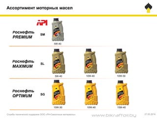 Роснефть
PREMIUM
SM
Роснефть
MAXIMUM
SL
Роснефть
OPTIMUM SG
Ассортимент моторных масел
5W-40
5W-40 10W-40 10W-30
10W-30 10W-40 15W-40
Служба технической поддержки ООО «РН-Смазочные материалы» 27.05.2014
www.bikraftoil.by
 