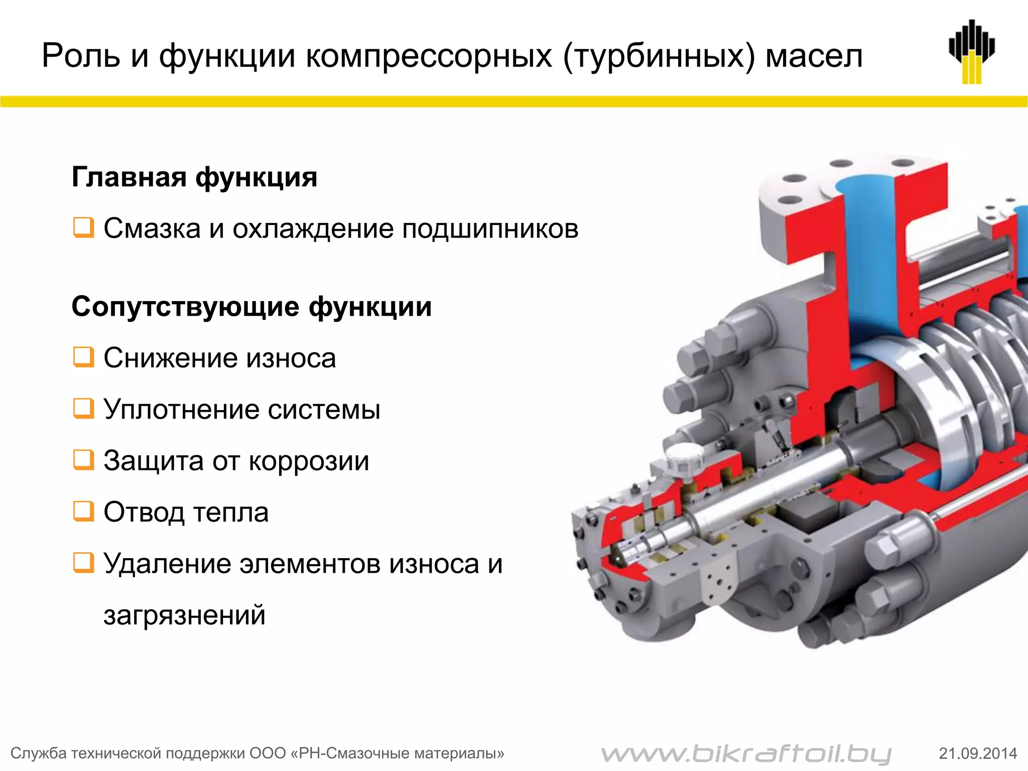 Роль и функции компрессорных (турбинных) масел
Главная функция
 Смазка и охлаждение подшипников
Сопутствующие функции
 Снижение износа
 Уплотнение системы
 Защита от коррозии
 Отвод тепла
 Удаление элементов износа и
загрязнений
Служба технической поддержки ООО «РН-Смазочные материалы» 21.09.2014www.bikraftoil.by
 