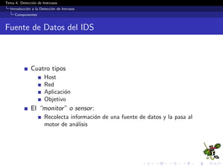 Tema 4. Detecci´on de Instrusos
Introducci´on a la Detecci´on de Intrusos
Componentes
Fuente de Datos del IDS
Cuatro tipos...