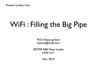 WiFi : Filling the Big Pipe
Ph.D. HayoungYoon
hyyoon@zvolti.com
ZESTER R&D Team Leader
zVolti LLC.
Mar., 2014
Present to Ajou Univ.
 