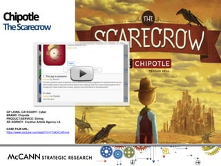 GP LIONS. CATEGORY: Cyber 
BRAND: Chipotle 
PRODUCT/SERVICE: Dining 
AD AGENCY: Creative Artists Agency LA 
CASE FILM URL: https://www.youtube.com/watch?v=1YyKACxWvcw 
Chipotle 
The Scarecrow  