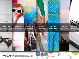 Reality Advertising 
פרסום 
פונקציונלי 
הכלכלה 
החדשה 
מובילים 
אג'נדות 
Selfie & Selfishness 
Good Old Entertainment 
המדיום 
הוא המסר 
 