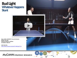 Silver LIONS, CATEGORY: Promo & Activation 
BRAND: Bud Light 
PRODUCT/SERVICE: CPG/Beer 
AD AGENCY: BBDO NY 
CASE FILM URL: 
https://www.youtube.com/watch?v=bBeVpwf7_Kk 
Bud Light Whatever Happens Stunt  