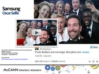 Gold LIONS, CATEGORY: Branded Content & Entertainment 
BRAND: Samsung 
PRODUCT/SERVICE: Technology 
AD AGENCY: 72ANDSUNNY LA 
CASE FILM URL: 
https://www.youtube.com/watch?v=dnzwZMwiTs8 
Samsung Oscar Selfie  