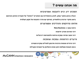 מה אנחנו עושים ? 
הופכים ידע קיים לתובנות אופרטיביות 
הובלה וביצוע מחקרי עומק, לסיוע בהתמודדות עם האתגרים "החמים" של תעשיית השיווק והפרסום 
ביצוע מחקרי צרכנים בינלאומיים, בשיתוף עם מרכז התובנות של מקאן העולמית 
מלווים פרויקטים ותהליכים אסטרטגיים 
פיתוח עסקי ו- New Business 
זיהוי מאיצים ואפיקי חדשנות 
זיהוי מנועי צמיחה עסקיים ופיתוח פלטפורמות דיגיטליות 
מייצרים הזדמנויות עסקיות ושיווקיות 
זיהוי טרנדים ומגמות צרכניות ותרגומן למודלים עסקיים מעשיים 
גיבוש תובנות מעולמות תוכן שונים והשלכתן על תעשיות מקבילות 
 