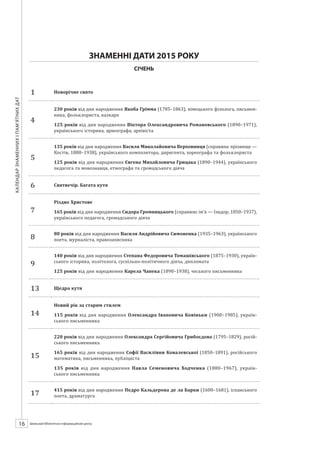 Календарзнаменнихіпам’ятнихдат
16 ШБІЦ № 7/2014
ЗНАМЕННІ ДАТИ 2015 РОКУ
СІЧЕНЬ
1 Новорічне свято
4
230 років від дня народження Якоба Грімма (1785–1863), німецького філолога, письмен-
ника, фольклориста, казкаря
125 років від дня народження Віктора Олександровича Романовського (1890–1971),
українського історика, археографа, архівіста
5
135 років від дня народження Василя Миколайовича Верховинця (справжнє прізвище —
Костів, 1880–1938), українського композитора, диригента, хореографа та фольклориста
125 років від дня народження Євгена Михайловича Грицака (1890–1944), українського
педагога та мовознавця, етнографа та громадського діяча
6 Святвечір. Багата кутя
7
Різдво Христове
165 років від дня народження Сидора Громницького (справжнє ім’я — Ізидор, 1850–1937),
українського педагога, громадського діяча
8
80 років від дня народження Василя Андрійовича Симоненка (1935–1963), українського
поета, журналіста, правозахисника
9
140 років від дня народження Степана Федоровича Томашівського (1875–1930), україн­
ського історика, політолога, суспільно-політичного діяча, дипломата
125 років від дня народження Карела Чапека (1890–1938), чеського письменника
13 Щедра кутя
14
Новий рік за старим стилем
115 років від дня народження Олександра Івановича Ковіньки (справжнє прізвище —
Ковінько, 1900–1985), україн­ського письменника
15
220 років від дня народження Олександра Сергійовича Грибоєдова (1795–1829), росій-
ського письменника
165 років від дня народження Софії Василівни Ковалевської (1850–1891), російського
математика, письменника, публіциста
135 років від дня народження Павла Семеновича Ходченка (1880–1967), україн­
ського письменника
17
415 років від дня народження Педро Кальдерона де ла Барки (1600–1681), іспанського
поета, драматурга
 
