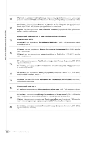 Календарзнаменнихіпам’ятнихдат
20 ШБІЦ № 7/2014
18
50 років із часу першого в історії виходу людини у відкритий космос, який здійснив ра-
дянський космонавт № 11 Олексій Архипович Леонов, двічі Герой Радянського Союзу (1965)
19
120 років від дня народження Максима Тадейовича Рильського (1895–1964), українського
поета, перекладача, публіциста, культурно-громадського діяча
85 років від дня народження Ліни Василівни Костенко (народилася 1930), української
поетеси, громадського діяча
21
Міжнародний день боротьби за ліквідацію расової дискримінації
Всесвітній день поезії
330 років від дня народження Йоганна Себастьяна Баха (1685–1750), німецького компо-
зитора й органіста
22
125 років від дня народження Федора Зотиковича Коновалюка (1890–1984), україн­
ського живописця
120 років від дня народження Івана Леонтійовича Ле (Мойся, 1895–1978), україн­
ського письменника
24
130 років від дня народження Марії Іванівни Закревської (Манцер-Закревська, 1885–1950),
української співачки
115 років від дня народження Івана Семеновича Козловського (1900–1993), українського
та російського співака
25
195 років від дня народження Анни (Енн) Бронте (псевдонім — Ектон Белл, 1820–1849),
англійської письменниці, поетеси
26
135 років від дня народження Олександра Костянтиновича Богомазова (1880–1930),
українського художника
27
Міжнародний день театру
170 років від дня народження Вільгельма Конрада Рентгена (1845–1923), німецького фізика
28
145 років від дня народження Юліана Олександровича Бачинського (1870–1940), україн-
ського письменника, журналіста, публіциста, громадсько-­політичного діяча
90 років від дня народження Дмитра Михайловича Гнатюка (народився 1925), україн-
ського співака та режисера, народного артиста СРСР і України, Героя України
30
115 років від дня народження Леся Гомона (Олександр Дмитрович Королевич, 1900–1958),
українського письменника
 
