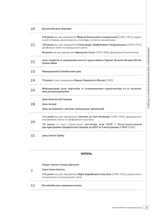 Календарзнаменнихіпам’ятнихдат
25ШБІЦ № 7/2014
20 Всесвітній день біженців
21
210 років від дня народження Миколи Васильовича Закревського (1805–1871), україн-
ського історика, фольклориста, етнографа, лінгвіста, письменника
105 років від дня народження Олександра Трифоновича Твардовського (1910–1971),
російського поета та громадського діяча
80 років від дня народження Франсуази Саган (1935–2004), французької письменниці
22
День скорботи та вшанування пам’яті жертв війни в Україні. Початок Великої Вітчи­
зняної війни
23 Міжнародний Олімпійський день
24 70 років із часу проведення Параду Перемоги в Москві (1945)
26
Міжнародний день боротьби зі зловживанням наркотиками та їх незакон-
ним розповсюдженням
28
День Конституції України
День молоді
День молодіжних і дитячих громадських організацій
29
115 років від дня народження Антуана де Сент-Екзюпері (1900–1944), французького
письменника, поета та професійного льотчика
70 років із часу підписання договору між СРСР і Чехословаччиною
про приєднання Закарпатської України до СРСР та її возз’єднання з УРСР (1945)
31 День Святої Трійці
ЛИПЕНЬ
7
Різдво Cвятого Іоанна Предтечі
Свято Івана Купала
115 років від дня народження Юрія Корнійовича Смолича (1900–1976), українського
письменника та громадського діяча
11 Всесвітній день народонаселення
 