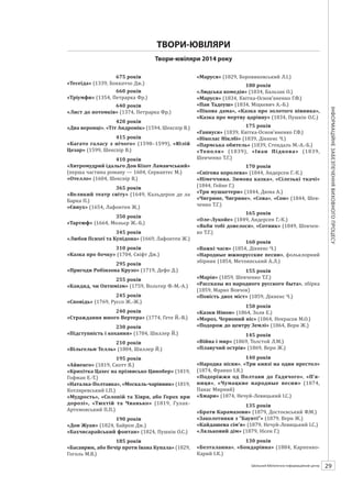 Календарзнаменнихіпам’ятнихдат
29ШБІЦ № 7/2014
675 років
«Тесеїда» (1339, Боккаччо Дж.)
660 років
«Тріумфи» (1354, Петрарка Фр.)
640 років
«Лист до потомків» (1374, Петрарка Фр.)
420 років
«Два веронці», «Тіт Андронік» (1594, Шекспір В.)
415 років
«Багато галасу з нічого» (1598–1599), «Юлій
Цезар» (1599, Шекспір В.)
410 років
«Хитромудрий ідальго Дон Кіхот Ламанчський»
(перша частина роману — 1604, Сервантес М.)
«Отелло» (1604, Шекспір В.)
365 років
«Великий театр світу» (1649, Кальдерон де ла
Барка П.)
«Євнух» (1654, Лафонтен Ж.)
350 років
«Тартюф» (1664, Мольєр Ж.-Б.)
345 років
«Любов Психеї та Купідона» (1669, Лафонтен Ж.)
310 років
«Казка про бочку» (1704, Свіфт Дж.)
295 років
«Пригоди Робінзона Крузо» (1719, Дефо Д.)
255 років
«Кандид, чи Оптимізм» (1759, Вольтер)
245 років
«Сповідь» (1769, Руссо Ж.-Ж.)
240 років
«Страждання юного Вертера» (1774, Гете Й.-В.)
230 років
«Підступність і кохання» (1784, Шиллер Й.)
210 років
«Вільгельм Телль» (1804, Шиллер Й.)
195 років
«Айвенго» (1819, Скотт В.)
«Крихітка Цахес на прізвисько Цинобер» (1819,
Гофман Е.-Т.)
«Наталка-Полтавка», «Москаль-чарівник» (1819,
Котляревський І.П.)
«Мудрость», «Солопій та Хівря, або Горох при
дорозі», «Тюхтій та Чванько» (1819, Гулак-­
Артемовський П.П.)
190 років
«Дон Жуан» (1824, Байрон Дж.)
«Бахчисарайський фонтан» (1824, Пушкін О.С.)
185 років
«Басаврюк, або Вечір проти Івана Купала» (1829,
Гоголь М.В.)
«Маруся» (1829, Боровиковський Л.І.)
180 років
«Людська комедія» (1834, Бальзак О.)
«Маруся» (1834, Квітка-Основ’яненко Г.Ф.)
«Пан Тадеуш» (1834, Міцкевич А.-Б.)
«Пікова дама», «Казка про золотого півника»,
«Казка про мертву царівну» (1834, Пушкін О.С.)
175 років
«Ганнуся» (1839, Квітка-Основ’яненко Г.Ф.)
«Ніколас Ніклбі» (1839, Діккенс Ч.)
«Пармська обитель» (1839, Стендаль М.-А.-Б.)
«Тополя» (1839), «Іван Підкова» (1839,
Шевченко Т.Г.)
170 років
«Снігова королева» (1844, Андерсен Г.-К.)
«Німеччина. Зимова казка», «Сілезькі ткачі»
(1844, Гейне Г.)
«Три мушкетери» (1844, Дюма А.)
«Чигрине, Чигрине», «Сова», «Сон» (1844, Шев-
ченко Т.Г.)
165 років
«Оле-Лукойе» (1849, Андерсен Г.-К.)
«Якби тобі довелося», «Сотник» (1849, Шевчен-
ко Т.Г.)
160 років
«Важкі часи» (1854, Діккенс Ч.)
«Народные южнорусские песни», фольклорний
збірник (1854, Метлинський А.Л.)
155 років
«Марія» (1859, Шевченко Т.Г.)
«Рассказы из народного русского быта», збірка
(1859, Марко Вовчок)
«Повість двох міст» (1859, Діккенс Ч.)
150 років
«Казки Нінон» (1864, Золя Е.)
«Мороз, Червоний ніс» (1864, Некрасов М.О.)
«Подорож до центру Землі» (1864, Верн Ж.)
145 років
«Війна і мир» (1869, Толстой Л.М.)
«Плавучий острів» (1869, Верн Ж.)
140 років
«Народна пісня», «Три князі на один престол»
(1874, Франко І.Я.)
«Подоріжжя од Полтави до Гадячого», «П’я-
ниця», «Чумацкие народные песни» (1874,
Панас Мирний)
«Хмари» (1874, Нечуй-Левицький І.С.)
135 років
«Брати Карамазови» (1879, Достоєвський Ф.М.)
«Заколотники з ”Баунті”» (1879, Верн Ж.)
«Кайдашева сім’я» (1879, Нечуй-Левицький І.С.)
«Ляльковий дім» (1879, Ібсен Г.)
130 років
«Безталанна», «Бондарівна» (1884, Карпенко-­
Карий І.К.)
ТВОРИ-ЮВІЛЯРИ
Твори-ювіляри 2014 року
 