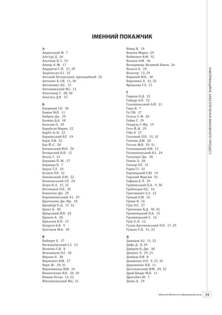 Календарзнаменнихіпам’ятнихдат
39ШБІЦ № 7/2014
А
Аквінський Ф. 7
Аліг’єрі Д. 26
Альтман Н. І. 15
Ампер А.-М. 17
Андерсен Г.-К. 21, 29
Андієвська Е.І. 32
Антоній Печерський, преподобний 26
Антонич Б.-І.В. 11, 30
Антонович Д.С. 15
Антоновський М.І. 11
Аполлінер Г. 28, 30
Апостол Д.П. 15
Б
Багряний І.П. 30
Бажан М.П. 11
Байрон Дж. 29
Балика Д.А. 10
Бальзак О. 29
Бараболя Марко 22
Барб’є А.-О. 22
Барвінський В.Г. 19
Баум Л.Ф. 32
Бах Й.-С. 20
Бачинський Ю.О. 20
Безщасний К.П. 12
Белль Г. 31
Беранже П.-Ж. 27
Беринда П. 7
Берло Г.Л. 10
Бєляєв О.Р. 32
Биковський Л.Ю. 22
Білоконський І.П. 24
Бічуя Н.Л. 31, 32
Богомазов О.К. 20
Боккаччо Дж. 29
Боровиковський Л.І. 29
Браччоліні Дж.-Фр. 18
Бредбері Р.-Д. 27, 32
Брехт Б. 30
Бродський Й.О. 24
Бронте А. 20
Брюллов К.П. 15
Букрєєв Б.Я. 9
Булгаков М.А. 30
В
Вайнерт Е. 27
Васильківський С.І. 12
Величко С.В. 8
Венеціанов О.Г. 18
Верлен П. 30
Верменич В.М. 27
Верн Ж. 29, 31
Верховинець В.М. 16
Винниченко В.К. 26, 30
Вишня Остап 13, 32
Вінграновський М.С. 31
Вінер Н. 14
Вовчок Марко 29
Войнович В.М. 32
Волков О.М. 30
Володимир, Великий Князь 26
Вольта А. 18
Вольтер 13, 29
Вороний М.К. 30
Воронина Л. 31, 32
Врецьона Г.З. 11
Г
Гаврош О.Д. 32
Гайдар А.П. 32
Галенковський А.Й. 21
Гама В. 7
Ге Г.М. 17
Гегель Г.-Ф. 28
Гейне Г. 29
Гендель Г.-Фр. 19
Гете Й.-В. 29
Гійо Р. 17
Глазовий П.П. 31, 32
Гнатюк Д.М. 20
Гоголь М.В. 29, 31
Головацький Я.Ф. 12
Головачевський К.І. 24
Голсуорсі Дж. 30
Гомон Л. 20
Гончар О.Т. 31
Горін Г.І. 32
Горницький Є.Ю. 14
Горький Максим 32
Гофман Е.-Т. 29
Грабовський П.А. 9, 30
Грибоєдов О.С. 16
Григорович Є.З. 22
Грицак Є.М. 16
Грімм Я. 16
Грін О.С. 27
Грінченко Б.Д. 30, 32
Громницький П.А. 15
Громницький С. 16
Гуїн У. 12
Гулак-Артемовський П.П. 17, 29
Гуцало Є.П. 31, 32
Д
Давидов А.І. 31, 32
Дефо Д. 8, 29
Джером К.-Дж. 30
Діккенс Ч. 29, 31
Довбуш О.В. 8
Довженко О.П. 9, 31, 32
Дорошенко В.В. 11
Достоєвський Ф.М. 29, 32
Драй-Хмара М.П. 11
Дрогобич Ю. 7
Дюма А. 29
ІМЕННИЙ ПОКАЖЧИК
 