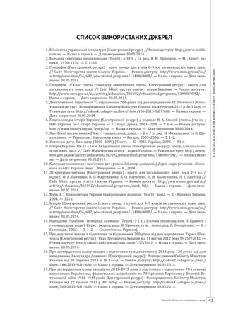 Календарзнаменнихіпам’ятнихдат
43ШБІЦ № 7/2014
1.	Бібліотека української літератури [Електронний ресурс] // Режим доступу: http://www.ukrlib.
com.ua. — Назва з екрана. — Дата звернення 30.05.2014.
2.	Большая советская энциклопедия [Текст] : в 30 т. / гл. ред. А. М. Прохоров. — М. : Совет. эн-
цикл., 1970–1978. — Т. 1–30.
3.	Географія [Електронний ресурс] : навч. прогр. для учнів 6–9 кл. загальноосвіт. навч. закл.
// Сайт Міністерства освіти і науки України. — Режим доступу: http://www.mon.gov.ua/ua/
activity/education/56/692/educational_programs/1349869088/. — Назва з екрана. — Дата звер-
нення 30.05.2014.
4.	Географія. 10 клас. Рівень стандарту, академічний рівень [Електронний ресурс] : прогр. для
загальноосвіт. навч. закл. // Сайт Міністерства освіти і науки України. — Режим доступу:
http://www.mon.gov.ua/ua/activity/education/56/692/educational_programs/1349869542/. —
Назва з екрана. — Дата звернення 30.05.2014.
5.	Деякі питання підготовки та відзначення 200-річчя від дня народження Т.Г. Шевченка [Елек-
тронний ресурс] : Розпорядження Кабінету Міністрів України від 4 березня 2013 р. № 136-р. —
Режим доступу: http://zakon4.rada.gov.ua/laws/show/136-2013-%D1%80. — Назва з екрана. —
Дата звернення 30.05.2014.
6.	Енциклопедія історії України [Електронний ресурс] / редкол.: В. А. Смолій (голова) та ін. ;
НАН України, Ін-т історії України. — К. : Наук. думка, 2003–2009. — Т. 1–6. — Режим доступу:
http://www.history.org.ua/?encyclop. — Назва з екрана. — Дата звернення 30.05.2014.
7.	Зарубіжні письменники [Текст] : енциклопед. довід. : у 2 т. / за ред. Н. Михальської та Б. Ща-
вурського. — Тернопіль : Навчальна книга — Богдан, 2005–2006. — Т. 1–2.
8.	Знаменні дати. Календар (2000–2009) [Текст]. — К. : НПБ України, 2009. — 51 с.
9.	Історія України. 10–11 класи. Академічний рівень [Електронний ресурс] : прогр. для загально-
освіт. навч. закл. // Сайт Міністерства освіти і науки України. — Режим доступу: http://www.
mon.gov.ua/ua/activity/education/56/692/educational_programs/1349869542/. — Назва з екра-
на. — Дата звернення 30.05.2014.
10.	Календар знаменних і пам’ятних дат : реком. бібліогр. довідник / Держ. наук. установа «Книж-
кова палата України імені І. Федорова». — К., 2004.
11.	Літературне читання [Електронний ресурс] : прогр. для загальноосвіт. навч. закл. 2–4 кл. /
підгот.: О. Я. Савченко, В. О. Мартиненко, В. О. Науменко, Н. М. Колеснікова, Л. І. Лаптєва //
Сайт Міністерства освіти і науки України. — Режим доступу: http://www.mon.gov.ua/ua/
activity/education/56/692/educational_programs/nnn1_4kl/. — Назва з екрана. — Дата звер-
нення 30.05.2014.
12.	Муха, А. І. Композитори України та української діаспори [Текст] : довід. — К. : Музична Україна,
2004. — 352 с.
13.	Історія [Електронний ресурс] : навч. прогр. з історії для 5–9 класів загальноосвіт. навч. закл.
// Сайт Міністерства освіти і науки України. — Режим доступу: http://www.mon.gov.ua/ua/
activity/education/56/692/educational_programs/1349869088/. — Назва з екрана. — Дата звер-
нення 30.05.2014.
14.	Народжені Україною : меморіал. альманах [Текст] : у 2 т. / [голова організац. ком. Л. Кравчук ;
голова редакц. ради І. Курас ; редакц. рада: В. Кремень та ін. ; голов. ред. О. Онопрієнко]. — К. :
Євроімідж, 2002. — Т. 1–2. — (Золоті імена України).
15.	Про додаткові заходи з підготовки та відзначення 200-річчя від дня народження Тараса Шев-
ченка [Електронний ресурс] : Указ Президента України від 11 квітня 2012 року № 257/2012. —
Режим доступу: http://zakon4.rada.gov.ua/laws/show/257/2012. — Назва з екрана. — Дата звер-
нення 30.05.2014.
16.	Про затвердження плану заходів з підготовки та відзначення у 2014 році 120-річчя від дня
народження Олександра Довженка [Електронний ресурс] : Розпорядження Кабінету Міністрів
України від 20 березня 2013 р. № 144-р. — Режим доступу: http://zakon2.rada.gov.ua/laws/
show/144-2013-%D1%80. — Назва з екрана. — Дата звернення 30.05.2014.
17.	Про затвердження плану заходів на 2013–2015 роки з підготовки і відзначення 70-ї річниці
визволення України від фашистських загарбників та 70-ї річниці Перемоги у Великій Ві-
тчизняній війні 1941–1945 років [Електронний ресурс] : Розпорядження Кабінету Міністрів
України від 22 травня 2013 р. № 360-р. — Режим доступу: http://zakon4.rada.gov.ua/laws/
show/360-2013-%D1%80. — Назва з екрана. — Дата звернення 30.05.2014.
СПИСОК ВИКОРИСТАНИХ ДЖЕРЕЛ
 