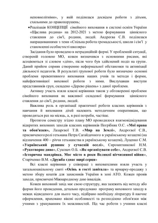 неповнолітніми», у якій поділилася досвідом роботи з дітьми,
схильними до правопорушень;
Реалізація КОНЦЕПЦІЇ сімейного виховання в системі освіти України
«Щаслива родина» на 2012-2021 з метою формування ціннісного
ставлення до сім'ї, родини, людей. Андреєва С.В. поділилася
напрацюваннями з теми «Спільна робота громадськості, школи і сім'ї у
становленні особистості школяра»
Засідання було проведено в нетрадиційній формі. У проблемній ситуації,
створеній головою МО, кожен визначився з основними рисами, які
асоціюються зі словом «діти», після чого був здійснений поділ на групи.
Даний прийом сприяв створенню неформальної обстановки та активізації
діяльності педагогів. В результаті групової роботи було визначено основні
проблеми превентивного виховання наших учнів та методи і форми,
найефективнішої виховної роботи з ними. Вислухавши виступи
представників груп, складено «Дерево рішень» з даної проблеми.
Активну участь взяли класні керівники також у обговоренні проблеми
сімейного виховання як важливої складової формування ціннісного
ставлення до сім'ї, родини, людей.
Важлива роль в організації практичної роботи класних керівників з
навчання й виховання дітей належить методичним оперативкам, що
проводяться раз на місяць, а, в разі потреби, частіше.
Протягом семестру згідно плану МО проводилося взаємовідвідування
відкритих виховних заходів класних керівників Погрібняк О.С. «Мої права
та обов'язки», Лазарєвої Т.В. «Мир на Землі», Андрєєвої С.В.,
присвяченогоролі гетьмана Петра Сагайдачного в українському козацтві (на
відзначення 400 – річчя гетьманства в українському козацтві), Луценко С.М.
«Український рушник у сучасній оселі», Сиромятникової Н.М.
«Рукотворне диво», Суковач О.Б. «Як організувати себе», Андреєвої С.В.
«Історична мандрівка. Моє місто в роки Великої вітчизняної війни»,
Старіченко В.М. «Дружба єднає щирі серця»
Всі класні керівники у співпраці з вихователями взяли участь у
загальношкільному святі «Осінь в гості завітала» та ярмарку-продажу з
метою збору коштів для захисників України в зоні АТО. Кожен провів
заходи, присвячені Міжнародному дню інвалідів.
Кожен виховний захід має свою структуру, яка залежить від методу або
форми його проведення, детально продумано програму виховного заходу в
межах відведеного для нього часу, підібрано необхідну літературу й наочне
оформлення, враховано вікові особливості та розподілено обов'язки між
учнями з урахуванням їх можливостей. Під час роботи з учнями класні
 