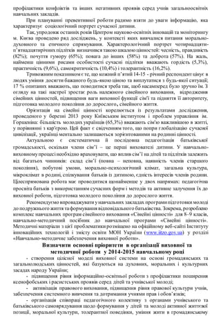 профілактики конфліктів та інших негативних проявів серед учнів загальноосвітніх
навчальних закладів.
При плануванні превентивної роботи радимо взяти до уваги інформацію, яка
характеризує соціологічний портрет сучасної дитини.
Так, упродовж останніх років Центром науково-освітніх інновацій та моніторингу
м. Києва проведено ряд досліджень, у контексті яких вивчалися питання морально-
духовного та етичного спрямування. Характерологічний портрет чотирнадцяти-
п’ятнадцятирічнихпідлітків визначився такоюшкалоюцінностей: чесність, правдивість
(82%); почуття гумору (65%); повага до інших (58%) та доброта (57%). На жаль,
найменш цінними рисами особистості сучасні підлітки вважають гордість (5,3%),
практичність (9,6%), самокритичність (10,4%) і толерантність (16,2%).
Тривожним показником єте, що кожний п’ятий14-15 - річний респондентцінує в
людях уміння досягти бажаного будь-якою ціною та виплутатися з будь-якої ситуації;
17 % опитаних вважають, що поводитися треба так, щоб насамперед було зручно їм. З
огляду на такі настрої зростає роль належного сімейного виховання, відродження
сімейних цінностей, підвищення ваги виховної функції сім'ї та підняття її авторитету,
підготовка молодого покоління до дорослого, сімейного життя.
Орієнтація на сімейні цінності корелюється із результатами дослідження,
проведеного у березні 2013 року Київським інститутом і проблем управління ім.
Горшеніна: більшість молодих українців (65,3%) вважають сім'ю важливішою в житті,
у порівнянні з кар'єрою. Цей факт є свідченням того, що попри глобалізацію сучасної
цивілізації, українці ментально залишаються зорієнтованими на родинні цінності.
Актуальною є систематична й послідовна педагогізація батьківської
громадськості, оскільки члени сім’ї – це перші вихователі дитини. У навчально-
виховномупроцесінеобхідно враховувати, що вплив сім’ї на дітей та підлітків залежить
від багатьох чинників: склад сім’ї (повна – неповна, наявність членів старшого
покоління), побутові умови, морально-психологічний клімат, загальна культура,
мікроклімат в родині, спілкування батьків із дитиною, єдність інтересів членів родини.
Цілеспрямована робота має проводитися щонайменше у двох напрямах: педагогічна
просвіта батьків з використанням сучасних форм і методів та активне залучення їх до
виховної роботи, підготовка молодого покоління до дорослого життя.
Рекомендуємо впроваджуватиунавчальних закладах програмипідготовкимолоді
до подружнього життя таформування відповідального батьківства. Зокрема, розроблено
комплекс навчальних програм сімейного виховання «Сімейні цінності» для 8–9 класів,
навчально-методичний посібник до навчальної програми «Сімейні цінності».
Методичні матеріали з цієї проблематикирозміщено на офіційному веб-сайті Інституту
інноваційних технологій і змісту освіти МОН України (www.iitzo.gov.ua) у розділі
«Навчально-методичне забезпечення виховної роботи».
Визначити основні пріоритети в організації виховної та
методичної роботи у 2014-2015 навчальному році
- створення цілісної моделі виховної системи на основі громадянських та
загальнолюдських цінностей, які базуються на духовних, моральних і культурних
засадах народу України;
- підвищення рівня інформаційно-освітньої роботи з профілактики поширення
ксенофобських і расистських проявів серед дітей та учнівської молоді;
- активізація правового виховання, підвищення рівня правової культури учнів,
забезпечення системного вивчення та дотримання учнями прав і обов’язків;
- організація співпраці педагогічного колективу з органами учнівського та
батьківського самоврядування щодо формування у дітей та молоді активної життєвої
позиції, моральної культури, толерантної поведінки, уміння жити в громадянському
 