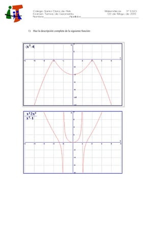 Colegio Santa Clara de Asís Matemáticas 3·º E.S.O.
Examen Temas de Geometría. 03 de Mayo de 2013
Nombre______________Apellidos_______________________________
1) Haz la descripción completa de la siguiente función:
 