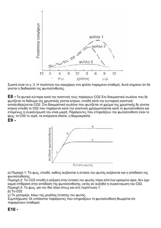 Σωστό είναι το γ. 3. Η ποσότητα του σακχάρου στο φύλλο παραμένει σταθερή. Αυτό σημαίνει ότι δε
γίνεται η διαδικασία της φωτοσύνθεσης.
Ε8 - Τα φυτικά κύτταρα κατά την αναπνοή τους παράγουν CO2 Στο δοκιμαστικό σωλήνα που δε
φωτίζεται το διάλυμα της χρωστικής γίνεται κίτρινο, επειδή κατά την κυτταρική αναπνοή
απελευθερώνεται CO2. Στο δοκιμαστικό σωλήνα που φωτίζεται το χρώμα της χρωστικής δε γίνεται
κίτρινο επειδή το C02 που παράγεται κατά την αναπνοή χρησιμοποιείται κατά τη φωτοσύνθεση και
επομένως η συγκέντρωσή του είναι μικρή. Παράγοντες που επηρεάζουν την φωτοσύνθεση είναι το
φως, το C02 το νερό, τα ανόργανα άλατα, η θερμοκρασία.
Ε9 -
α) Περιοχή 1: Το φως, επειδή, καθώς αυξάνεται η ένταση του φωτός αυξάνεται και η απόδοση της
φωτοσύνθεσης.
Περιοχή 2: To CO2 επειδή η αύξηση στην ένταση του φωτός πέρα από ένα ορισμένο όριο, δεν έχει
καμιά επίδραση στην απόδοση της φωτοσύνθεσης, εκτός αν αυξηθεί η συγκέντρωση του C02.
Περιοχή 3: Το φως, για τον ίδιο λόγο όπως και στη περίπτωση 1.
β) To C02
γ) Το μεσημέρι, λόγω της μεγάλης έντασης του φωτός.
Συμπλήρωση: Οι υπόλοιποι παράγοντες που επηρεάζουν τη φωτοσύνθεση θεωρείται ότι
παραμένουν σταθεροί.
Ε10 -
 