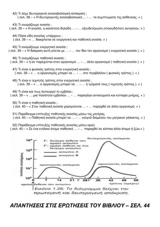 42) Τι λέμε δευτερογενή ανοσοβιολογική απόκριση ;
( σελ. 39 – « Η δευτερογενής ανοσοβιολογική … - … τα συμπτώματα της ασθένειας. » )
43) Τι ονομάζουμε ανοσία ;
( σελ. 39 – « Η ανοσία, η ικανότητα δηλαδή … - … εξουδετέρωση οποιουδήποτε αντιγόνου. » )
44) Πόσα είδη ανοσίας υπάρχουν ;
( σελ. 39 – « … διακρίνεται σε ενεργητική και παθητική ανοσία. » )
45) Τι ονομάζουμε ενεργητική ανοσία ;
( σελ. 39 – « Η διάκριση αυτή γίνεται με … - … τον ίδιο τον οργανισμό ( ενεργητική ανοσία ). » )
46) Τι ονομάζουμε παθητική ανοσία ;
( σελ. 39 – « ή αν παρέχονται στον οργανισμό … - … άλλο οργανισμό ( παθητική ανοσία ). » )
47) Τι είναι ο φυσικός τρόπος στην ενεργητική ανοσία ;
( σελ. 39 – « … ο οργανισμός μπορεί να … - … στο περιβάλλον ( φυσικός τρόπος ). » )
48) Τι είναι ο τεχνητός τρόπος στην ενεργητική ανοσία ;
( σελ. 39 – « … ο οργανισμός μπορεί να … - … ή τμήματά τους ( τεχνητός τρόπος ). » )
49) Τι είναι και πως λειτουργεί το εμβόλιο ;
( σελ. 39 – « … μια ποσότητα εμβολίου … - … παραγάγει αντισώματα και κύτταρα μνήμης. » )
50) Τι είναι η παθητική ανοσία ;.
( σελ. 40 – « Στην παθητική ανοσία χορηγούνται … - … παραχθεί σε άλλο οργανισμό. » )
51) Παράδειγμα επίτευξης παθητικής ανοσίας μέσω της μητέρας.
( σελ. 40 – « Παθητική ανοσία μπορεί να … - … νεογνό διαμέσου του μητρικού γάλακτος. » )
52) Παράδειγμα επίτευξης παθητικής ανοσίας μέσω ορού.
( σελ. 40 – « Σε ένα ενήλικο άτομο παθητική … - … παραχθεί σε κάποιο άλλο άτομο ή ζώο.» )
ΑΠΑΝΤΗΣΕΙΣ ΣΤΙΣ ΕΡΩΤΗΣΕΙΣ ΤΟΥ ΒΙΒΛΙΟΥ – ΣΕΛ. 44
 