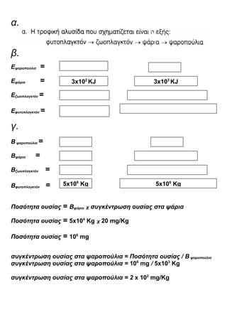α.
β.
Εψαροπούλια =
Εψάρια =
Εζωοπλαγκτόν =
Εφυτοπλαγκτόν =
γ.
Β ψαροπούλια =
Βψάρια =
Βζωοπλαγκτόν =
Βφυτοπλαγκτόν =
Ποσότητα ουσίας = Βψάρια Χ συγκέντρωση ουσίας στα ψάρια
Ποσότητα ουσίας = 5x104
Κg Χ 20 mg/Kg
Ποσότητα ουσίας = 106
mg
συγκέντρωση ουσίας στα ψαροπούλια = Ποσότητα ουσίας / Β ψαροπούλια
συγκέντρωση ουσίας στα ψαροπούλια = 106
mg / 5x103
Κg
συγκέντρωση ουσίας στα ψαροπούλια = 2 x 102
mg/Kg
5x106
Κg 5x106
Κg
3x102
ΚJ 3x102
ΚJ
 