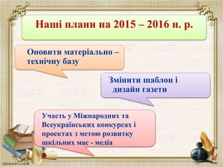 Наші плани на майбутнєНаші плани на 2015 – 2016 н. р.
Оновити матеріально –
технічну базу
Змінити шаблон і
дизайн газети
Участь у Міжнародних та
Всеукраїнських конкурсах і
проектах з метою розвитку
шкільних мас - медіа
 