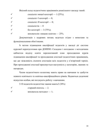 10
Якісний склад педагогічних працівників дошкільного закладу такий:
 спеціаліст вищої категорії — 1 (25%);
 спеціаліст І категорії — 0;
 спеціаліст ІІ категорії — 0;
 спеціалістів — 0
 без категорії — 3 (75%);
 вихователів з вищою освітою — 25%.
Документація з кадрових питань ведеться згідно з вимогами та
функціональними обов’язками.
Із метою підвищення кваліфікації педагогів у закладі діє система
курсової перепідготовки при ДОІППО. Складено і погоджено з методичним
кабінетом відділу освіти перспективний план проходження курсів
підвищення кваліфікації та проходження атестації педагогічних працівників,
що дає можливість охопити атестацію всіх педагогів у п’ятирічний термін.
При проходженні атестації враховується наступність у категоріях, званнях та
нагородах.
Члени педагогічного колективу мають право на навчання та здобуття
певного освітнього та освітньо-кваліфікаційного рівнів. Надаються додаткові
відпустки особам, які поєднують роботу з навчанням.
З 10 педагогів педагогічне звання мають3 (30%)
 старший вчитель — 2.
 вихователь-методист — 1;
 