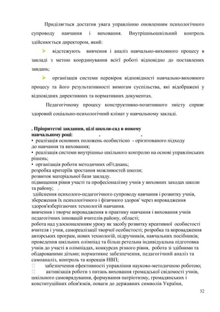 32
Приділяється достатня увага управлінню оновленням психологічного
супроводу навчання і виховання. Внутрішньошкільний контроль
здійснюється директором, який:
 відстежують вивчення і аналіз навчально-виховного процесу в
закладі з метою координування всієї роботі відповідно до поставлених
завдань;
 організація системи перевірок відповідності навчально-виховного
процесу та його результативності вимогам суспільства, які відображені у
відповідних директивних та нормативних документах.
Педагогічному процесу конструктивно-позитивного змісту сприяє
здоровий соціально-психологічний клімат у навчальному закладі.
. Пріоритетні завдання, цілі школи-сад в новому
навчальному році: . .
• реалізація основних положень особистісно - орієнтованого підходу
до навчання та виховання;
• реалізація системи внутрішньо шкільного контролю на основі управлінських
рішень;
• організація роботи методичних об'єднань;
розробка критеріїв зростання можливостей школи;
розвиток матеріальної бази закладу.
підвищення рівня участі та професіоналізму учнів у виховних заходах школи
та району; .
здійснення психолого-педагогічного супроводу навчання і розвитку учнів,
збереження їх психологічного і фізичного здоров' через впровадження
здоров'язберігаючих технологій навчання.
вивчення і творче впровадження в практику навчання і виховання учнів
педагогічних інновацій вчителів району, області;
робота над удосконаленням уроку як засобу розвитку креативної особистості
вчителя і учня, самореалізації творчої особистості; розробка та впровадження
авторських програм, нових технологій, підручників, навчальних посібників;
проведення шкільних олімпіад та більш ретельна індивідуальна підготовка
учнів до участі в олімпіадах, конкурсах різного рівня, робота зі здібними та
обдарованими дітьми; нормативне забезпечення, педагогічний аналіз та
самоаналіз, контроль та корекція НВП;
забезпечення ефективності управління науково-методичною роботою;
активізація роботи з питань виховання громадської свідомості учнів,
шкільного самоврядування, формування патріотизму, громадянських і
конституційних обов'язків, поваги до державних символів України,
 