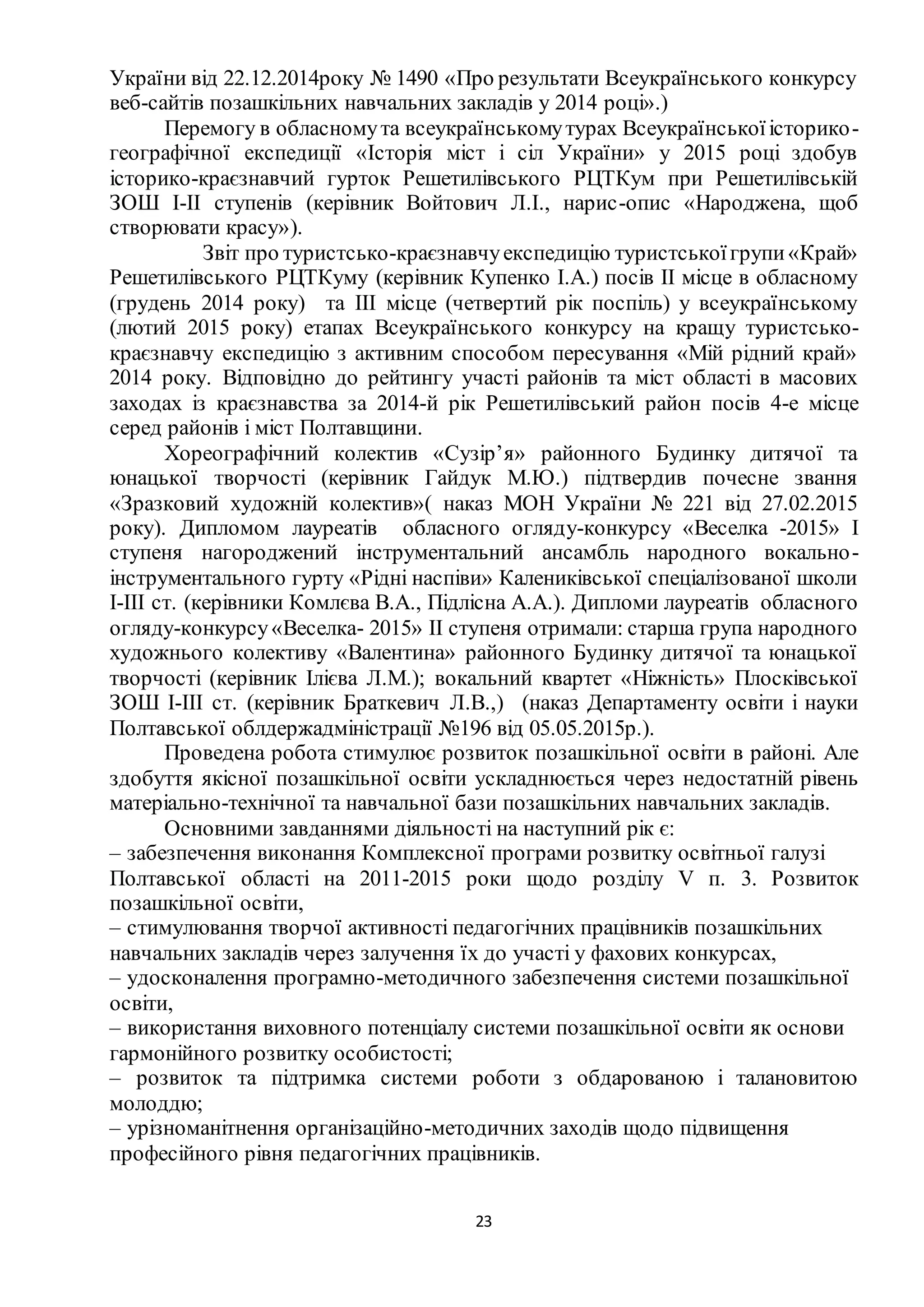 23
України від 22.12.2014року № 1490 «Про результати Всеукраїнського конкурсу
веб-сайтів позашкільних навчальних закладів у 2014 році».)
Перемогу в обласномута всеукраїнськомутурах Всеукраїнськоїісторико-
географічної експедиції «Історія міст і сіл України» у 2015 році здобув
історико-краєзнавчий гурток Решетилівського РЦТКум при Решетилівській
ЗОШ І-ІІ ступенів (керівник Войтович Л.І., нарис-опис «Народжена, щоб
створювати красу»).
Звіт про туристсько-краєзнавчуекспедицію туристськоїгрупи«Край»
Решетилівського РЦТКуму (керівник Купенко І.А.) посів ІІ місце в обласному
(грудень 2014 року) та ІІІ місце (четвертий рік поспіль) у всеукраїнському
(лютий 2015 року) етапах Всеукраїнського конкурсу на кращу туристсько-
краєзнавчу експедицію з активним способом пересування «Мій рідний край»
2014 року. Відповідно до рейтингу участі районів та міст області в масових
заходах із краєзнавства за 2014-й рік Решетилівський район посів 4-е місце
серед районів і міст Полтавщини.
Хореографічний колектив «Сузір’я» районного Будинку дитячої та
юнацької творчості (керівник Гайдук М.Ю.) підтвердив почесне звання
«Зразковий художній колектив»( наказ МОН України № 221 від 27.02.2015
року). Дипломом лауреатів обласного огляду-конкурсу «Веселка -2015» І
ступеня нагороджений інструментальний ансамбль народного вокально-
інструментального гурту «Рідні наспіви» Калениківської спеціалізованої школи
І-ІІІ ст. (керівники Комлєва В.А., Підлісна А.А.). Дипломи лауреатів обласного
огляду-конкурсу«Веселка- 2015» ІІ ступеня отримали: старша група народного
художнього колективу «Валентина» районного Будинку дитячої та юнацької
творчості (керівник Ілієва Л.М.); вокальний квартет «Ніжність» Плосківської
ЗОШ І-ІІІ ст. (керівник Браткевич Л.В.,) (наказ Департаменту освіти і науки
Полтавської облдержадміністрації №196 від 05.05.2015р.).
Проведена робота стимулює розвиток позашкільної освіти в районі. Але
здобуття якісної позашкільної освіти ускладнюється через недостатній рівень
матеріально-технічної та навчальної бази позашкільних навчальних закладів.
Основними завданнями діяльності на наступний рік є:
– забезпечення виконання Комплексної програми розвитку освітньої галузі
Полтавської області на 2011-2015 роки щодо розділу V п. 3. Розвиток
позашкільної освіти,
– стимулювання творчої активності педагогічних працівників позашкільних
навчальних закладів через залучення їх до участі у фахових конкурсах,
– удосконалення програмно-методичного забезпечення системи позашкільної
освіти,
– використання виховного потенціалу системи позашкільної освіти як основи
гармонійного розвитку особистості;
– розвиток та підтримка системи роботи з обдарованою і талановитою
молоддю;
– урізноманітнення організаційно-методичних заходів щодо підвищення
професійного рівня педагогічних працівників.
 