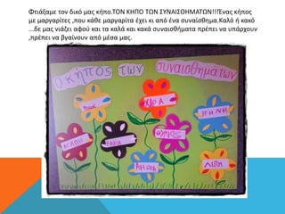 Φτιάξαμε τον δικό μας κήπο.ΤΟΝ ΚΗΠΟ ΤΩΝ ΣΥΝΑΙΣΘΗΜΑΤΩΝ!!!Ένας κήπος
με μαργαρίτες ,που κάθε μαργαρίτα έχει κι από ένα συναίσθημα.Καλό ή κακό
...δε μας νιάζει αφού και τα καλά και κακά συναισθήματα πρέπει να υπάρχουν
,πρέπει να βγαίνουν από μέσα μας.
 