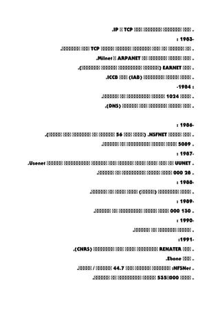 ‫ااا‬ .‫ااااااا‬‫ااااااا‬‫ااا‬TCP‫ا‬IP.
-1983:
‫اا‬ .‫اااااا‬‫اا‬‫ااا‬‫ااااااا‬‫اااااا‬‫ااااا‬TCP‫ااا‬.‫ااااااا‬
‫ااا‬ .‫ااااا‬‫ااااااا‬‫اا‬ARPANET‫ا‬Milnet.
‫ااا‬ .EARNET‫)اااااا‬‫ااااااااا‬‫اااااا‬.(‫ااااااا‬
‫اااا‬ .‫ااااا‬‫اااااااا‬)IAB‫ااا‬ (ICCB.
-1984 :
‫اااا‬ .1024‫ااااا‬‫ااااااااا‬‫اا‬.‫اااااا‬
‫ااا‬ .‫ااااا‬‫ااااااا‬‫ااا‬‫اااااا‬)DNS.(
-1986:
‫ااا‬ .‫ااااا‬NSFNET‫)اااا‬ .‫ااا‬56‫اااااا‬‫اا‬‫ااااااا‬‫ااا‬.(‫ااااا‬
.5089‫اااا‬‫ااااا‬‫ااااااااا‬‫اا‬.‫اااااا‬
-1987:
.UUNET‫اا‬‫ااا‬‫اااا‬‫اااا‬‫اااااا‬‫ااا‬‫اااااا‬‫اااااااااا‬‫اااااا‬Usenet.
.28000‫اااا‬‫ااااا‬‫ااااااااا‬‫اا‬.‫اااااا‬
-1988:
‫اااا‬ .‫اااااااا‬‫اااا‬ (‫)ااااا‬‫اااا‬‫اا‬.‫اااااا‬
-1989:
.130000‫اااا‬‫ااااا‬‫ااااااااا‬‫اا‬.‫اااااا‬
-1990:
‫ااااا‬ .‫ااااااا‬‫اا‬.‫اااااا‬
-1991:
‫ااا‬ .RENATER‫اااااااا‬‫اااا‬‫ااا‬‫اااااااا‬)CNRS.(
‫ااا‬ .Ebone.
.NFSNet‫ااااااا‬ :‫اااااا‬‫ااا‬44.7‫اااااا‬.‫ااااا‬ /
‫اااا‬ .535‫000ا‬‫ااااا‬‫ااااااااا‬‫اا‬.‫اااااا‬
 