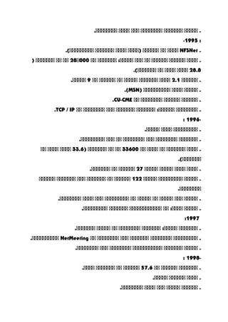 ‫ااااا‬ .‫ااااااا‬‫اااااااا‬‫ااا‬‫اااا‬.‫اااااااا‬
-1995 :
.NFSNet‫اااا‬‫اا‬‫اااااا‬‫)اااا‬‫اااا‬‫ااااااا‬.(‫ااااااااا‬
‫اااا‬ .‫اااااا‬‫اااااا‬‫اا‬‫ااا‬‫ااااااا‬ :‫ااااا‬‫اا‬28‫000ا‬‫اا‬‫اا‬‫ااااااا‬)
28.8‫اااا‬‫اااا‬‫اا‬.(‫ااااااا‬
‫اااااا‬ .2.1‫اااا‬‫ااااااا‬‫ااااا‬‫اا‬‫اااااا‬‫اا‬9.‫ااااا‬
‫ااااا‬ .‫اااا‬‫اااااااااا‬)MSN.(
‫اااااا‬ .‫اااااا‬‫اااااااا‬‫اا‬CU-CME.
‫اااااااا‬ .‫ااااااا‬ :‫اااااا‬‫ااااااا‬‫ااا‬‫اااااااا‬‫اا‬TCP / IP.
-1996:
‫ااااااااا‬ .‫اااا‬.‫ااااا‬
‫ااااااا‬ .‫اااااااا‬‫ااا‬‫اااااااا‬‫اا‬‫ااا‬.‫ااااااااا‬
‫اااا‬ .‫ااااااا‬‫اا‬‫اااا‬‫اا‬33600‫اا‬‫اا‬‫ااااااا‬)33.6‫اااا‬‫اااا‬‫اا‬
.(‫ااااااا‬
‫اااا‬ .‫اااا‬‫ااااا‬‫ااااا‬27‫اااااا‬‫اا‬.‫ااااااا‬
‫ااااا‬ .‫ااااااااا‬‫ااااا‬122‫اااااا‬‫اا‬‫ااااااا‬‫ااا‬‫ااااااا‬‫اااااا‬
.‫اااااااا‬
‫ااااا‬ .‫ااا‬‫ااااا‬‫اا‬‫ااااا‬‫اا‬‫ااااااااا‬‫ااا‬‫اااا‬.‫اااااااا‬
‫ااااا‬ .‫اا‬ :‫اااا‬‫اااااااااااا‬‫ااااااا‬.‫ااااااااا‬
1997:
‫ااااااا‬ .‫ااااااا‬ :‫ااااا‬‫اااااااا‬‫اا‬‫ااااا‬.‫ااااااا‬
‫ااااااااا‬ .‫اااااااا‬‫ااااااا‬‫ااا‬‫اااااااا‬‫اا‬NetMeeting.‫اااااااااا‬
‫ااااا‬ .‫ااااااا‬‫ااااااااااا‬‫اااااااا‬‫ااا‬.‫اااااااا‬
-1998:
‫ااااااا‬ .‫اااااا‬‫اا‬57.6‫اااااا‬‫اا‬‫ااااااا‬.‫اااا‬
‫اااا‬ .‫اااااا‬.‫ااااا‬
‫اااااا‬ .‫ااااا‬‫ااا‬‫اااا‬.‫اااااااا‬
 