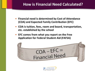 How is Financial Need Calculated?
• Financial need is determined by Cost of Attendance
(COA) and Expected Family Contribution (EFC)
• COA is tuition, fees, room and board, transportation,
etc. established by the school
• EFC comes from what you report on the Free
Application for Federal Student Aid (FAFSA)
 