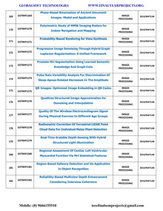GLOBALSOFT TECHNOLOGIES www.FINALYEARPROJECTS.ORG 
Mobile: (0) 9666155510 ieeefinalsemprojects@gmail.com 
169 GSTMIP1569 Phase-Based Binarization of Ancient Document Images: Model and Applications IMAGE PROCESSING 2014/MATLAB 170 GSTMIP1570 Polarimetric Study of MMW Imaging Radars for Indoor Navigation and Mapping IMAGE PROCESSING 2014/MATLAB 171 GSTMIP1571 Probability-Based Rendering for View Synthesis IMAGE PROCESSING 2014/MATLAB 172 GSTMIP1572 Progressive Image Denoising Through Hybrid Graph Laplacian Regularization: A Unified Framework IMAGE PROCESSING 2014/MATLAB 173 GSTMIP1573 Prostate Mri Segmentation Using Learned Semantic Knowledge And Graph Cuts IMAGE PROCESSING 2014/MATLAB 174 GSTMIP1574 Pulse Rate Variability Analysis For Discrimination Of Sleep-Apnea-Related Decreases In The Amplitude IMAGE PROCESSING 2014/MATLAB 175 GSTMIP1575 QR Images: Optimized Image Embedding in QR Codes IMAGE PROCESSING 2014/MATLAB 176 GSTMIP1576 Quadtree Structured Image Approximation for Denoising and Interpolation IMAGE PROCESSING 2014/MATLAB 177 GSTMIP1577 Quality Of The Wireless Electrocardiogram Signal During Physical Exercise In Different Age Groups IMAGE PROCESSING 2014/MATLAB 178 GSTMIP1578 Radiometric Correction Of Terrestrial LiDAR Point Cloud Data For Individual Maize Plant Detection IMAGE PROCESSING 2014/MATLAB 179 GSTMIP1579 Real-Time Scalable Depth Sensing With Hybrid Structured Light Illumination IMAGE PROCESSING 2014/MATLAB 180 GSTMIP1580 Regional Assessment Of Cardiac Left Ventricular Myocardial Function Via Mri Statistical Features IMAGE PROCESSING 2014/MATLAB 181 GSTMIP1581 Region-Based Saliency Detection and Its Application in Object Recognition IMAGE PROCESSING 2014/MATLAB 182 GSTMIP1582 Reliability-Based Multiview Depth Enhancement Considering Interview Coherence IMAGE PROCESSING 2014/MATLAB  