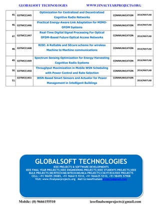 GLOBALSOFT TECHNOLOGIES www.FINALYEARPROJECTS.ORG 
Mobile: (0) 9666155510 ieeefinalsemprojects@gmail.com 
45. GSTMCC1445 Optimization for Centralized and Decentralized Cognitive Radio Networks COMMUNICATION 2014/MATLAB 46. GSTMCC1446 Practical Energy-Aware Link Adaptation for MIMO- OFDM Systems COMMUNICATION 2014/MATLAB 47. GSTMCC1447 Real-Time Digital Signal Processing For Optical OFDM-Based Future Optical Access Networks COMMUNICATION 2014/MATLAB 48. GSTMCC1448 RISE: A RelIable and SEcure scheme for wireless Machine to Machine communications COMMUNICATION 2014/MATLAB 49. GSTMCC1449 Spectrum Sensing Optimization for Energy-Harvesting Cognitive Radio Systems COMMUNICATION 2014/MATLAB 50. GSTMCC1450 Throughput Maximization in Mobile WSN Scheduling with Power Control and Rate Selection COMMUNICATION 2014/MATLAB 51. GSTMCC1451 WSN-Based Smart Sensors and Actuator for Power Management in Intelligent Buildings COMMUNICATION 2014/MATLAB 
GLOBALSOFT TECHNOLOGIES 
IEEE PROJECTS & SOFTWARE DEVELOPMENTS 
IEEE FINAL YEAR PROJECTS|IEEE ENGINEERING PROJECTS|IEEE STUDENTS PROJECTS|IEEE 
BULK PROJECTS|BE/BTECH/ME/MTECH/MS/MCA PROJECTS|CSE/IT/ECE/EEE PROJECTS 
CELL: +91 98495 39085, +91 966615 5510, +91 966625 5510, +91 98495 57908 
Visit: www.finalyearprojects.org Mail to:ieeefinalsemprojects@gmail.com 
