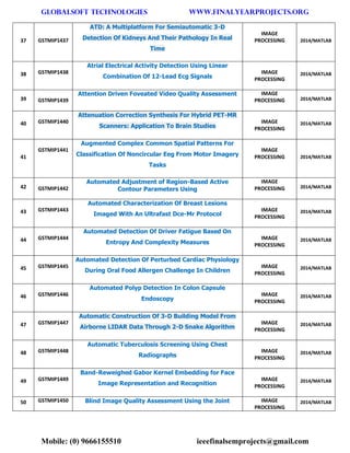 GLOBALSOFT TECHNOLOGIES www.FINALYEARPROJECTS.ORG 
Mobile: (0) 9666155510 ieeefinalsemprojects@gmail.com 
37 GSTMIP1437 ATD: A Multiplatform For Semiautomatic 3-D Detection Of Kidneys And Their Pathology In Real Time IMAGE PROCESSING 2014/MATLAB 38 GSTMIP1438 Atrial Electrical Activity Detection Using Linear Combination Of 12-Lead Ecg Signals IMAGE PROCESSING 2014/MATLAB 39 GSTMIP1439 Attention Driven Foveated Video Quality Assessment IMAGE PROCESSING 2014/MATLAB 40 GSTMIP1440 Attenuation Correction Synthesis For Hybrid PET-MR Scanners: Application To Brain Studies IMAGE PROCESSING 2014/MATLAB 41 GSTMIP1441 Augmented Complex Common Spatial Patterns For Classification Of Noncircular Eeg From Motor Imagery Tasks IMAGE PROCESSING 2014/MATLAB 42 GSTMIP1442 Automated Adjustment of Region-Based Active Contour Parameters Using IMAGE PROCESSING 2014/MATLAB 43 GSTMIP1443 Automated Characterization Of Breast Lesions Imaged With An Ultrafast Dce-Mr Protocol IMAGE PROCESSING 2014/MATLAB 44 GSTMIP1444 Automated Detection Of Driver Fatigue Based On Entropy And Complexity Measures IMAGE PROCESSING 2014/MATLAB 45 GSTMIP1445 Automated Detection Of Perturbed Cardiac Physiology During Oral Food Allergen Challenge In Children IMAGE PROCESSING 2014/MATLAB 46 GSTMIP1446 Automated Polyp Detection In Colon Capsule Endoscopy IMAGE PROCESSING 2014/MATLAB 47 GSTMIP1447 Automatic Construction Of 3-D Building Model From Airborne LIDAR Data Through 2-D Snake Algorithm IMAGE PROCESSING 2014/MATLAB 48 GSTMIP1448 Automatic Tuberculosis Screening Using Chest Radiographs IMAGE PROCESSING 2014/MATLAB 49 GSTMIP1449 Band-Reweighed Gabor Kernel Embedding for Face Image Representation and Recognition IMAGE PROCESSING 2014/MATLAB 50 GSTMIP1450 Blind Image Quality Assessment Using the Joint IMAGE PROCESSING 2014/MATLAB  