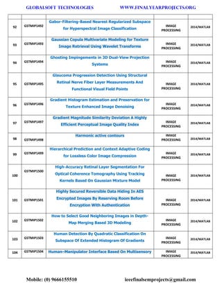 GLOBALSOFT TECHNOLOGIES www.FINALYEARPROJECTS.ORG 
Mobile: (0) 9666155510 ieeefinalsemprojects@gmail.com 
92 GSTMIP1492 Gabor-Filtering-Based Nearest Regularized Subspace for Hyperspectral Image Classification IMAGE PROCESSING 2014/MATLAB 93 GSTMIP1493 Gaussian Copula Multivariate Modeling for Texture Image Retrieval Using Wavelet Transforms IMAGE PROCESSING 2014/MATLAB 94 GSTMIP1494 Ghosting Impingements in 3D Dual-View Projection Systems IMAGE PROCESSING 2014/MATLAB 95 GSTMIP1495 Glaucoma Progression Detection Using Structural Retinal Nerve Fiber Layer Measurements And Functional Visual Field Points IMAGE PROCESSING 2014/MATLAB 96 GSTMIP1496 Gradient Histogram Estimation and Preservation for Texture Enhanced Image Denoising IMAGE PROCESSING 2014/MATLAB 97 GSTMIP1497 Gradient Magnitude Similarity Deviation A Highly Efficient Perceptual Image Quality Index IMAGE PROCESSING 2014/MATLAB 98 GSTMIP1498 Harmonic active contours IMAGE PROCESSING 2014/MATLAB 99 GSTMIP1499 Hierarchical Prediction and Context Adaptive Coding for Lossless Color Image Compression IMAGE PROCESSING 2014/MATLAB 100 GSTMIP1500 High-Accuracy Retinal Layer Segmentation For Optical Coherence Tomography Using Tracking Kernels Based On Gaussian Mixture Model IMAGE PROCESSING 2014/MATLAB 101 GSTMIP1501 Highly Secured Reversible Data Hiding In AES Encrypted Images By Reserving Room Before Encryption With Authentication IMAGE PROCESSING 2014/MATLAB 102 GSTMIP1502 How to Select Good Neighboring Images in Depth- Map Merging Based 3D Modeling IMAGE PROCESSING 2014/MATLAB 103 GSTMIP1503 Human Detection By Quadratic Classification On Subspace Of Extended Histogram Of Gradients IMAGE PROCESSING 2014/MATLAB 104 GSTMIP1504 Human–Manipulator Interface Based On Multisensory IMAGE PROCESSING 2014/MATLAB  